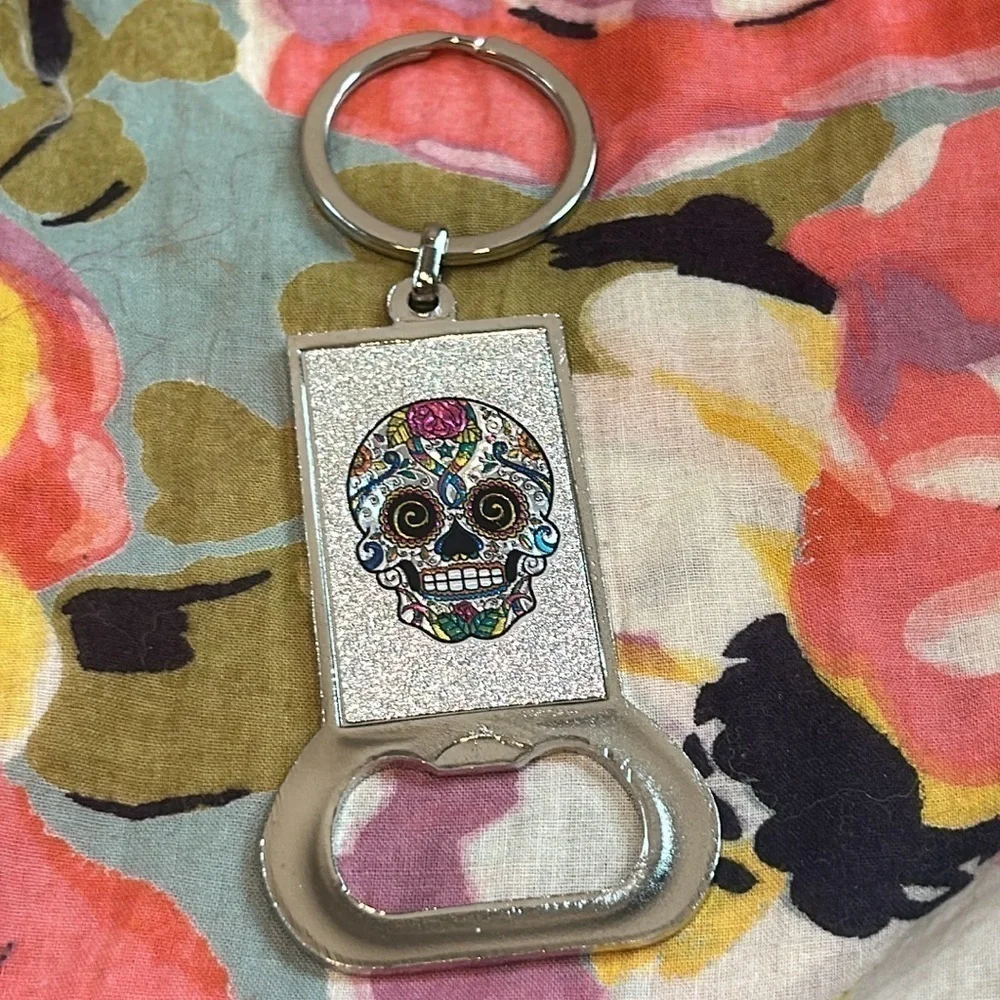 Day of the Dead Sugar sparkle Skull Key Ring Bottle Opener silver new w/o tag